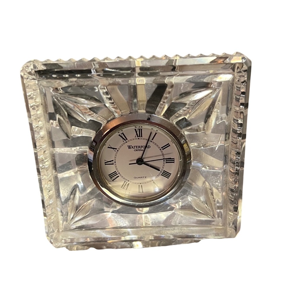 Vintage Waterford Lead Crystal Square Desk Clock SilverTone Trim Small 2.75in